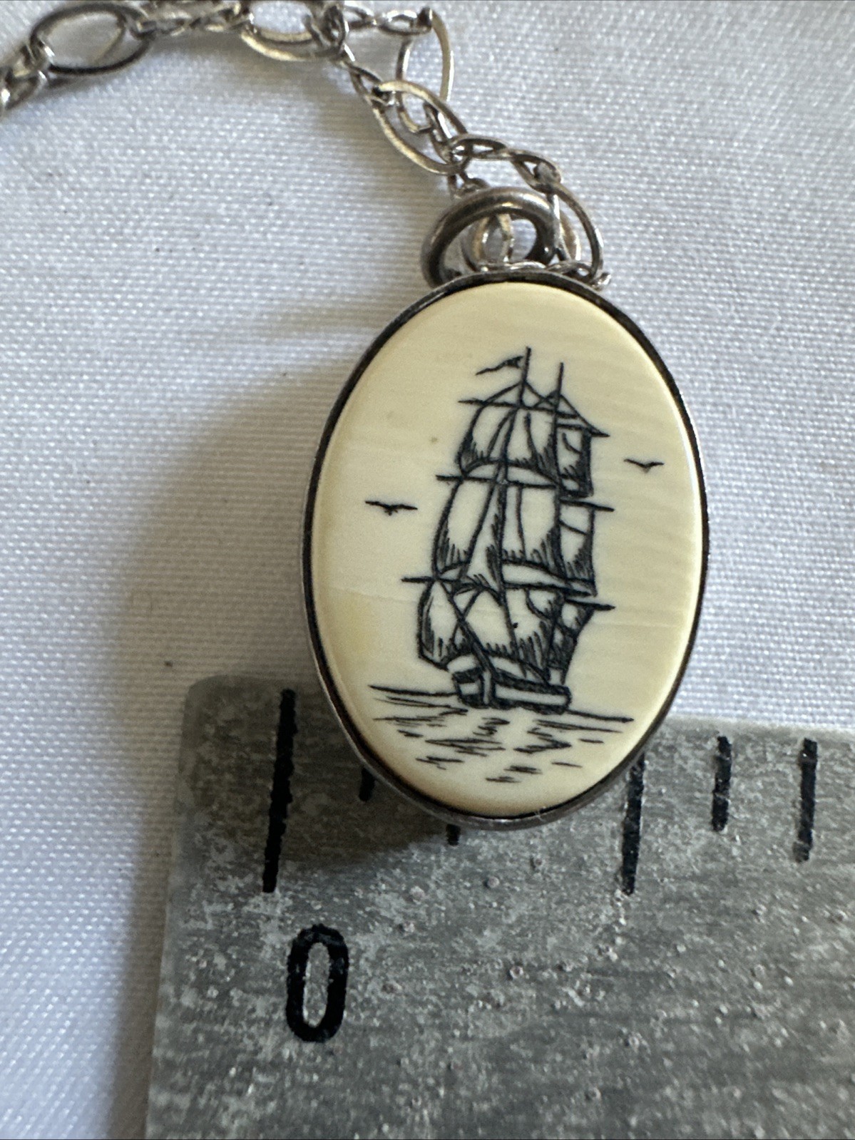 vintage Sterling Silver clipper ship pendant With Silver Tone Necklace 22”