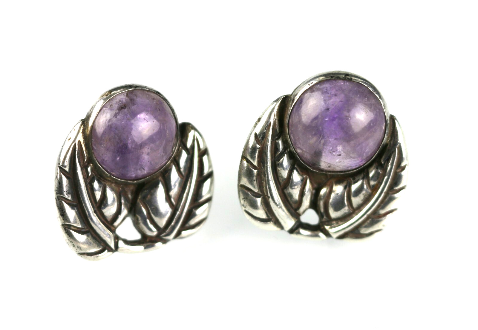 Vintage Los Castillo Taxco Mexico Sterling Amethyst Leaf Screw Clip On Earrings