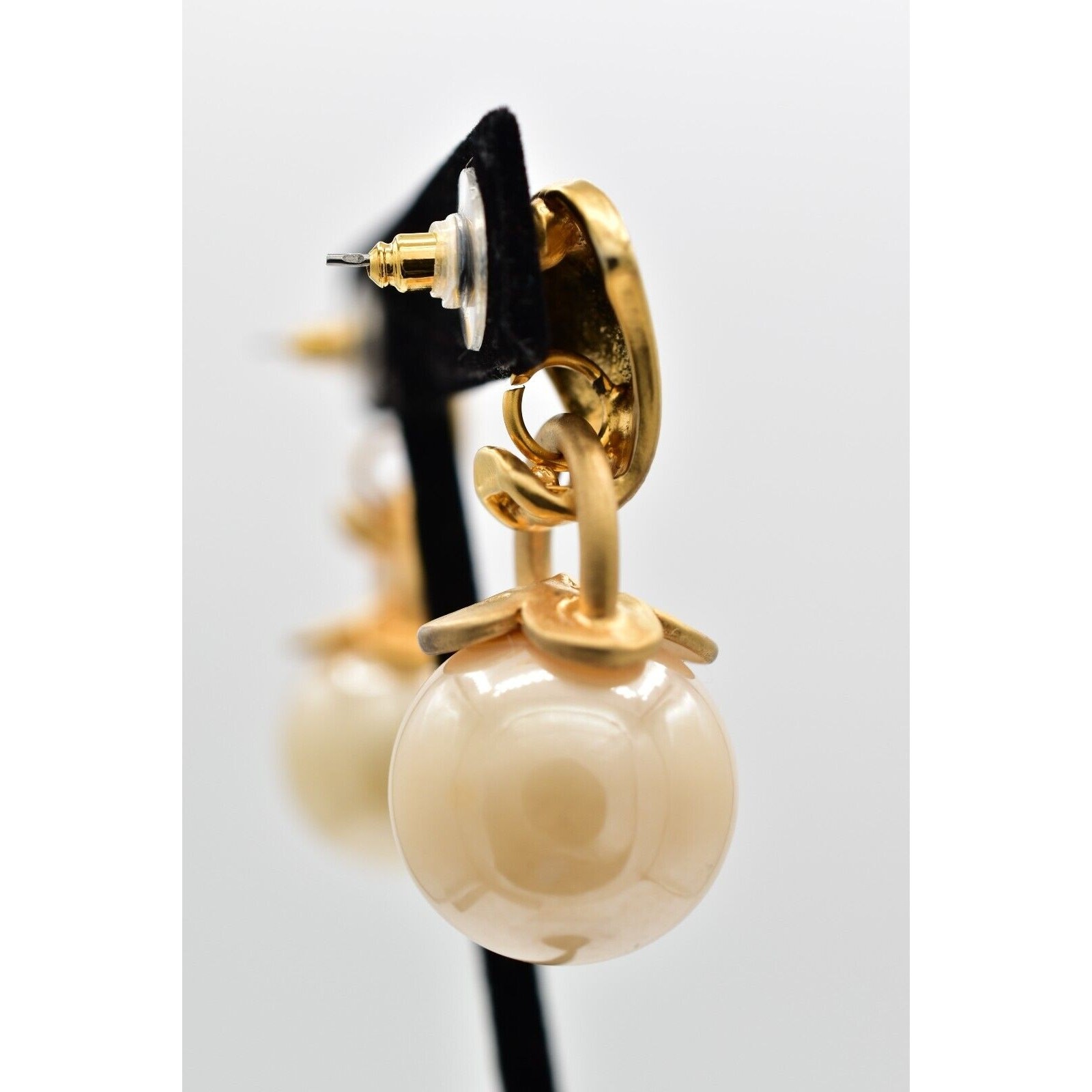 Vintage Dangle Earrings Faux Pearl Drop Brushed Gold Matte Chunky 1980s BinAK