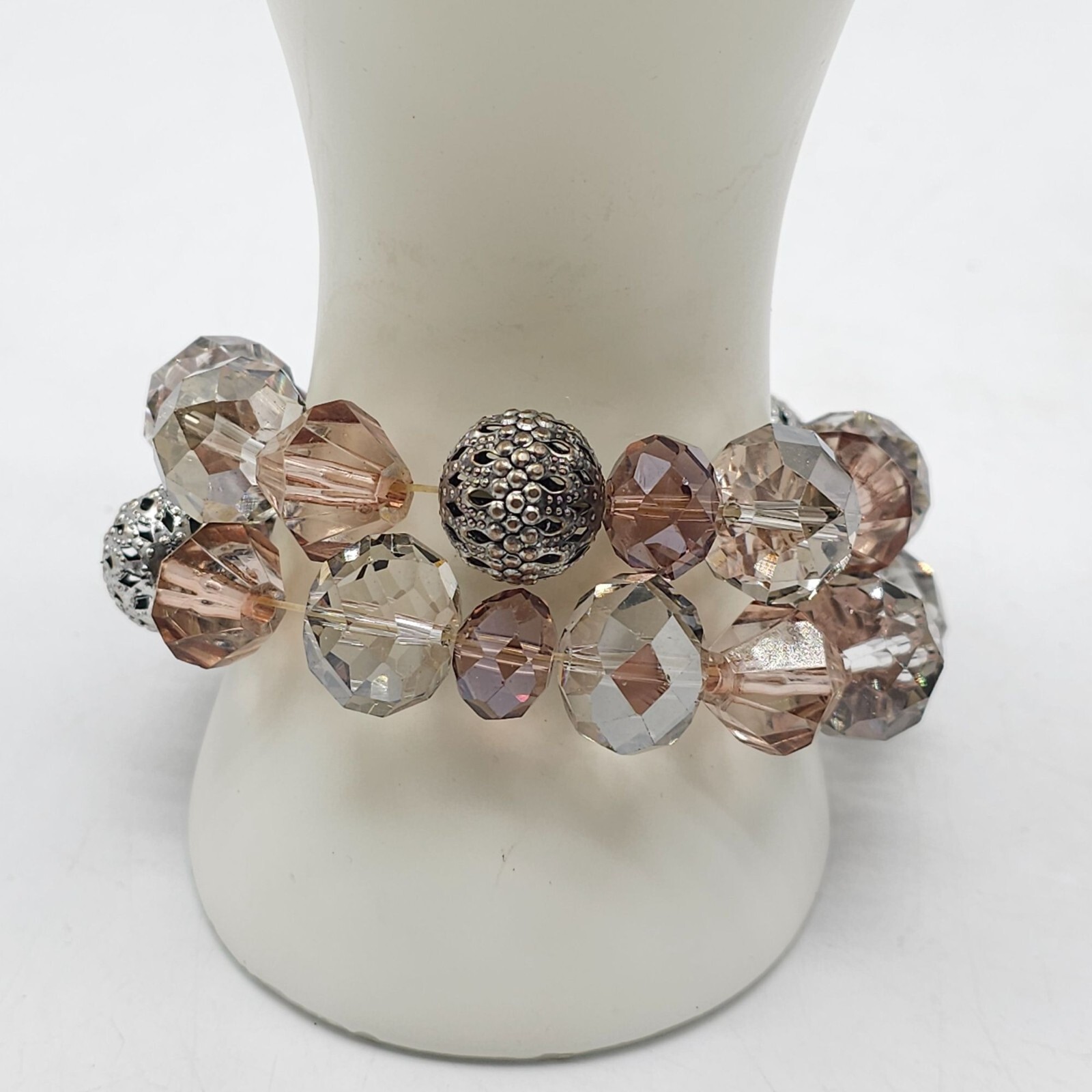 Chico’s Crystal Faceted Beaded Chunky Stretch Bracelet In Pink Clear