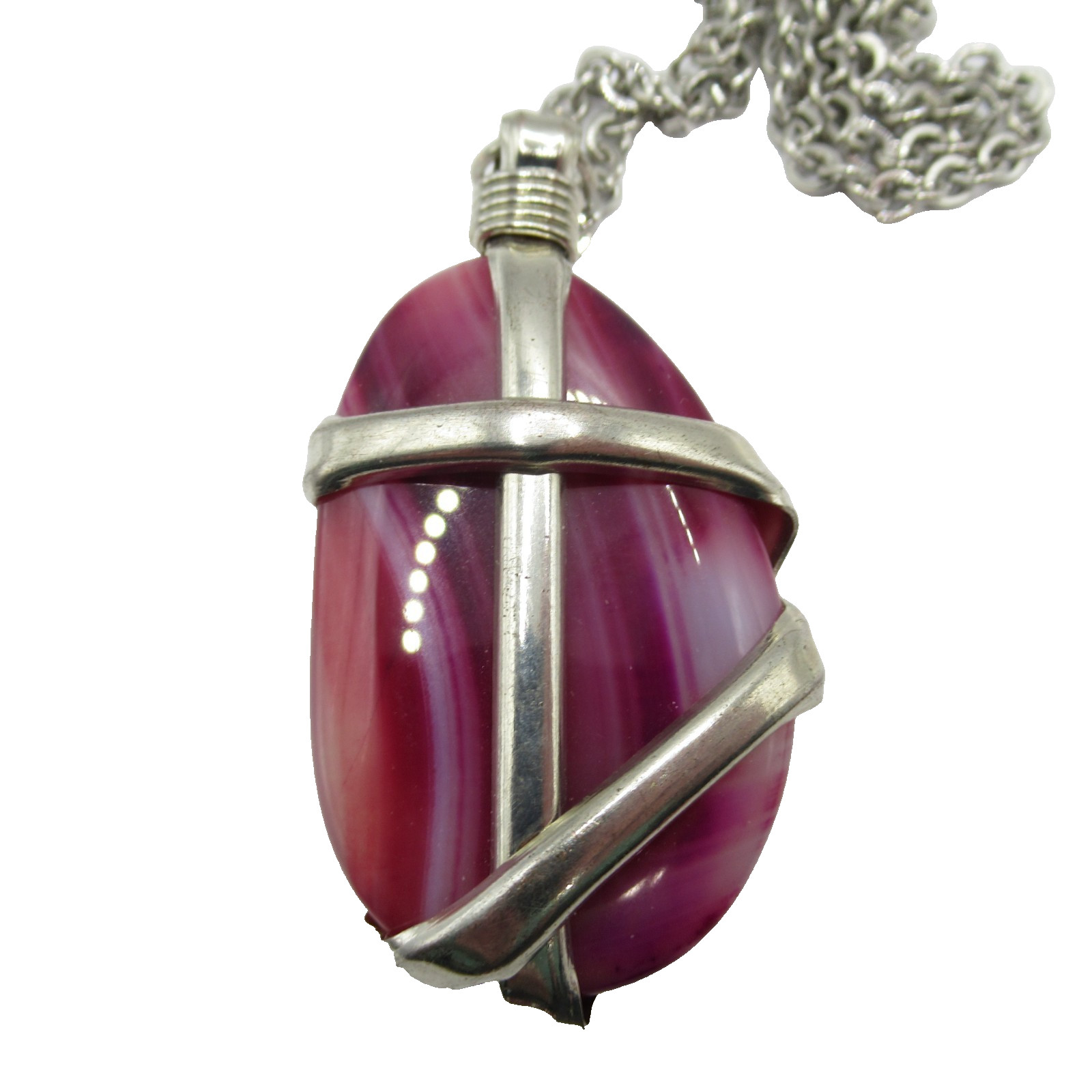 Purple Pink White Gemstone w Silver Tone Cage Style Design Vintage Necklace