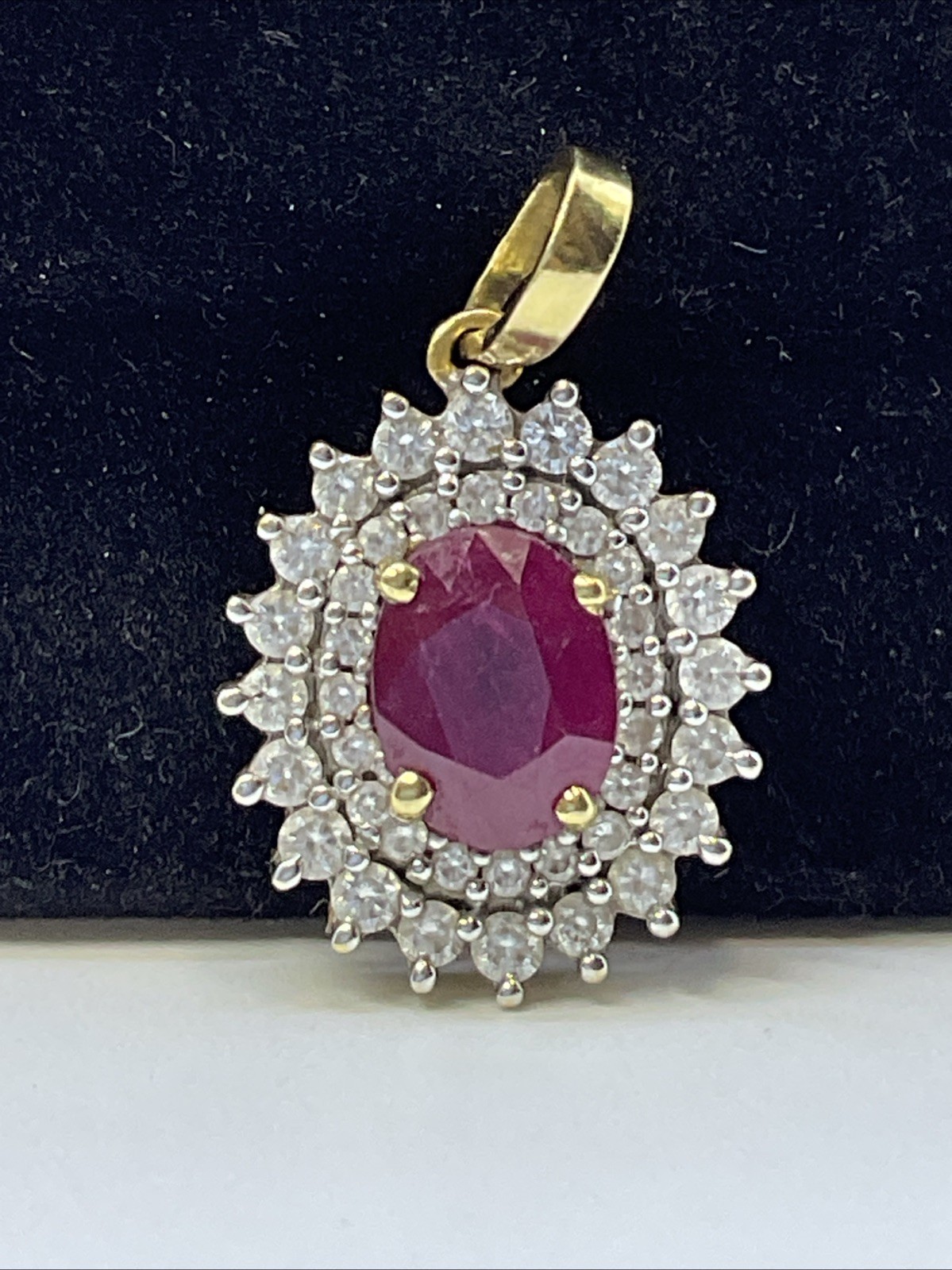 VINTAGE HANDMADE Solid 18K(750) Y.Gold Ruby & Diamonds DOUBLE HALO Style Pendant