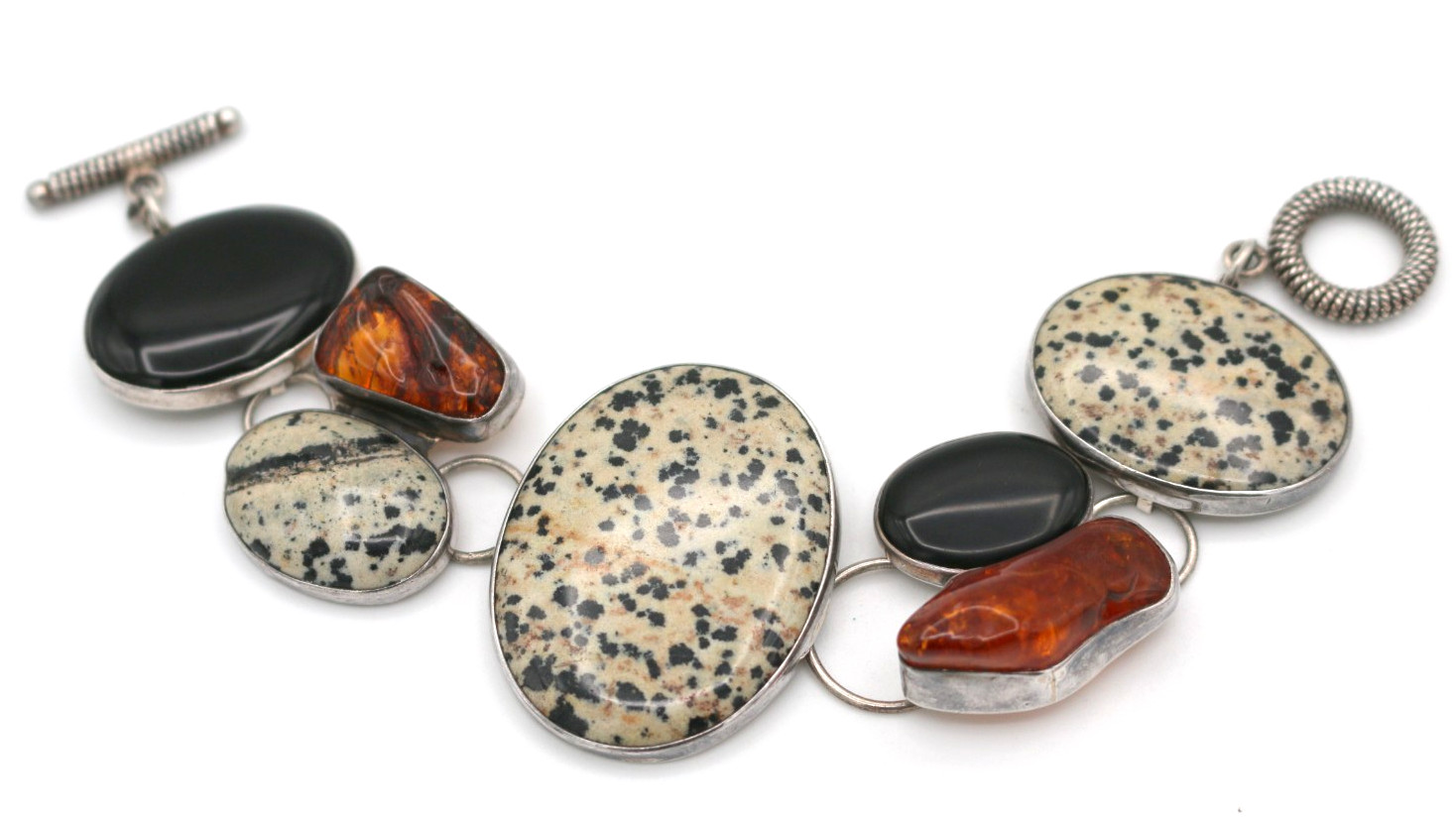AKR Amy Kahn Russell 925 Sterling Silver Dalmatian Jasper, Amber & Onyx Bracelet