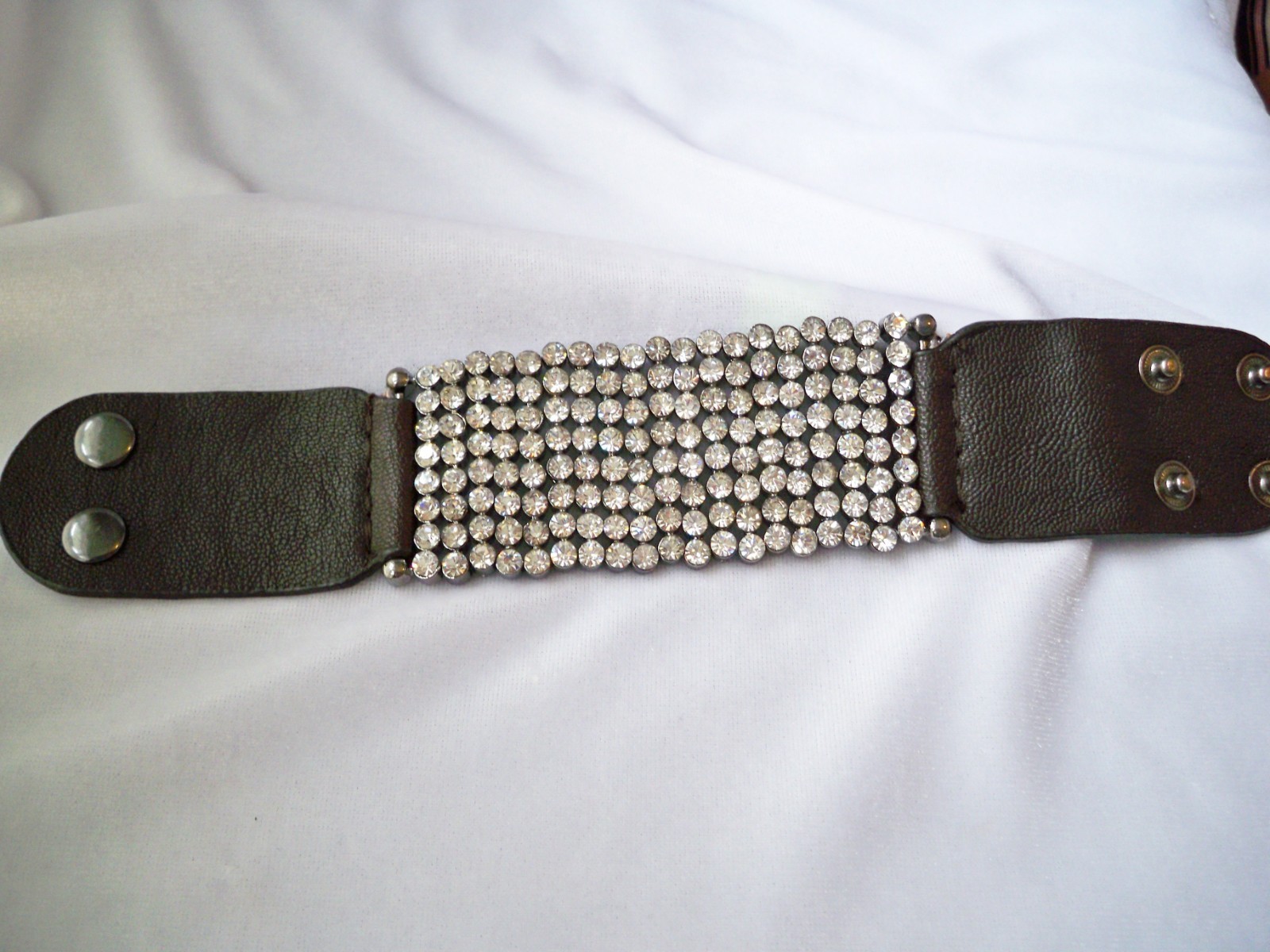 Wide 8 Row Pave Set Crystal Rhinestone & Black Faux Leather Snap Bracelet
