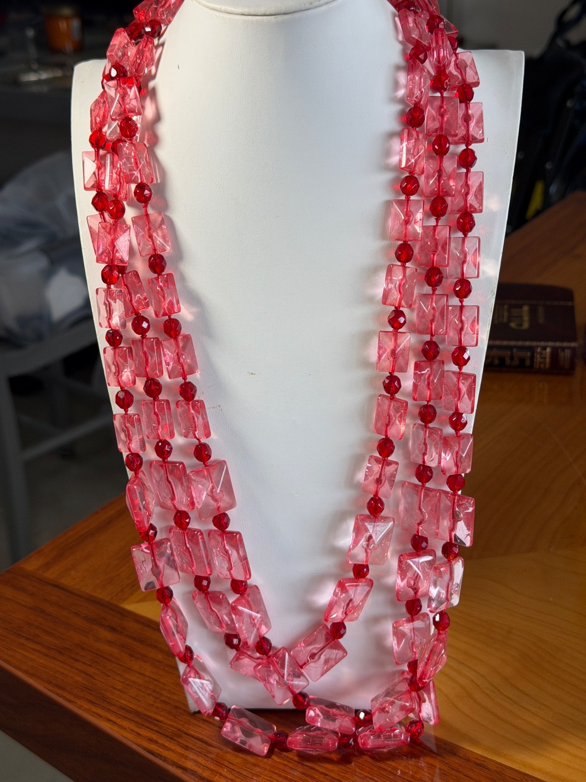 Vintage Pink & Ruby Red Lucite Acrylic Necklace 16” triple Strand statement