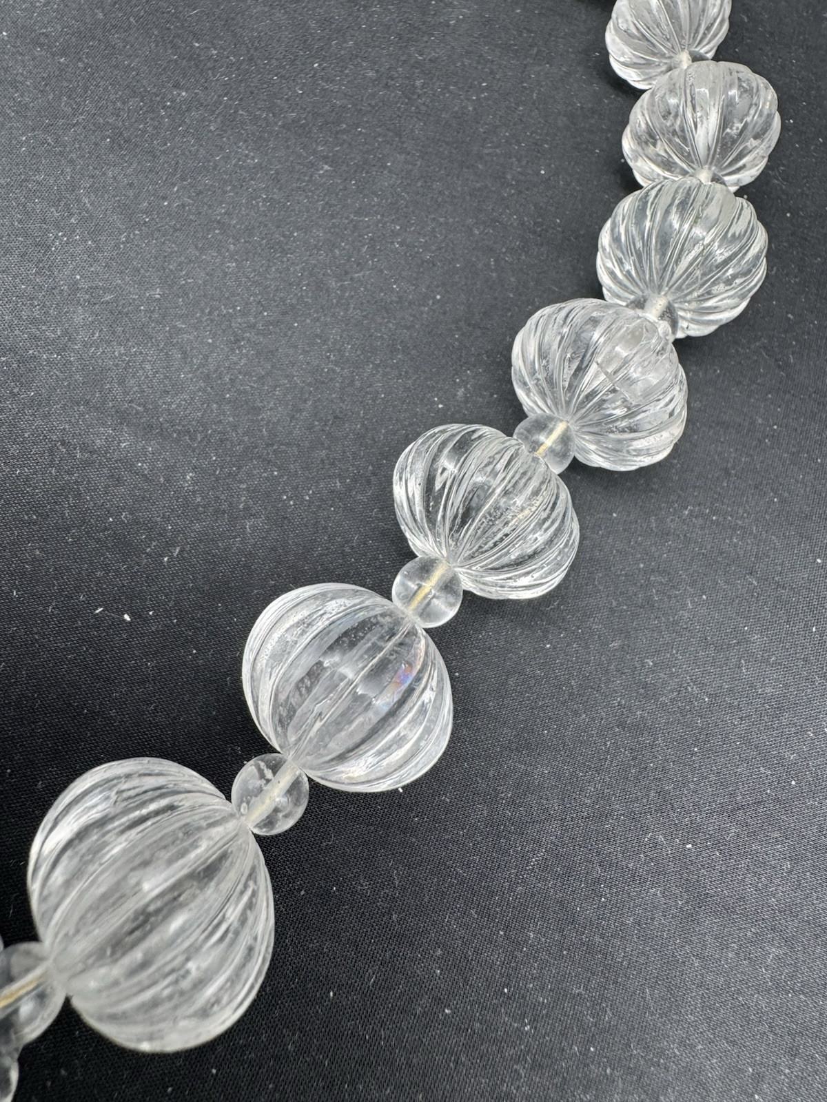 Vintage Hand Carved Rock Crystal MELON BEAD Necklace, 169 grams, 20″