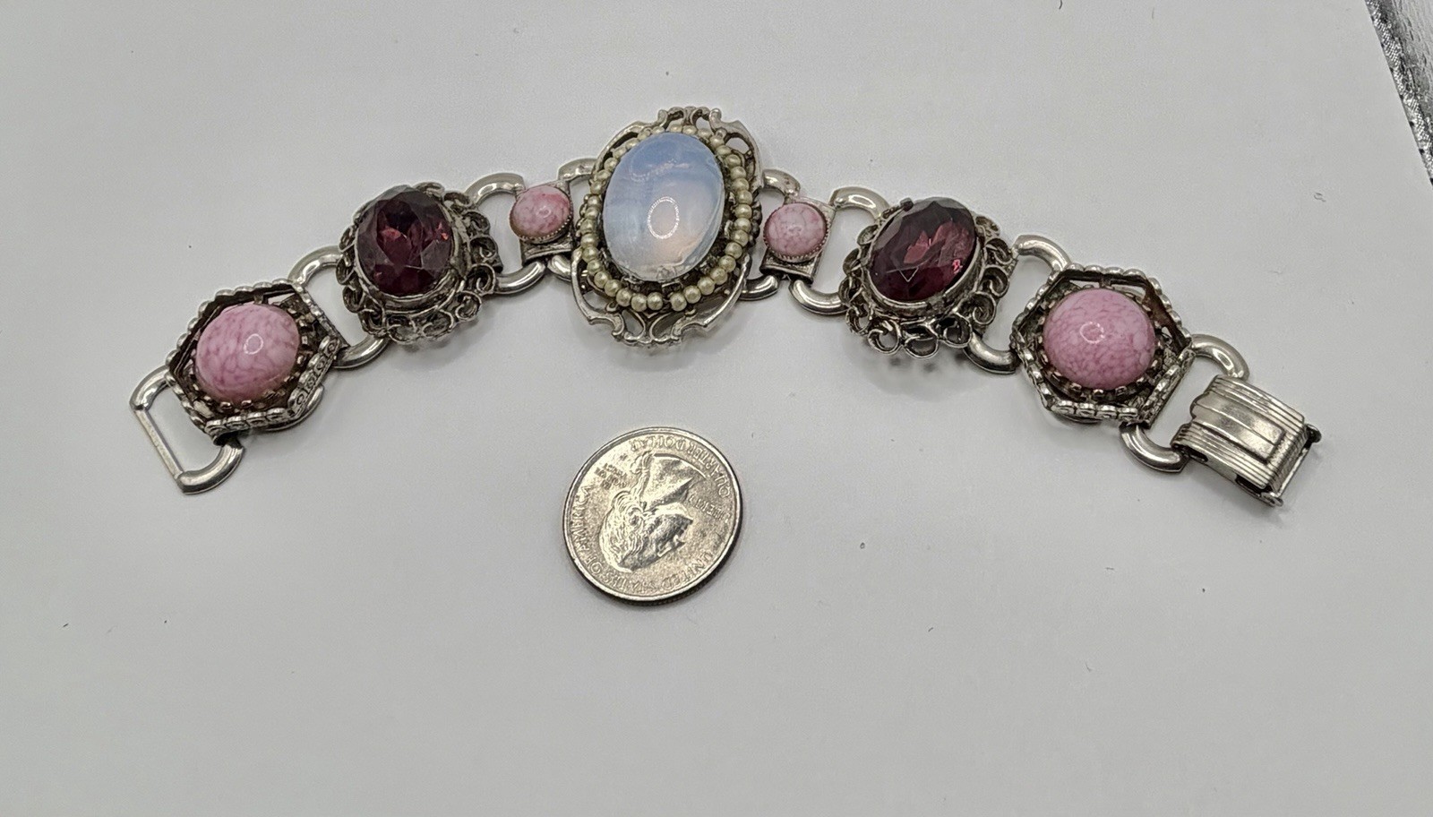 Vintage MCM Upcycled Pink Marbled & Red Rhinestone Clear Opalite Design Bracelet