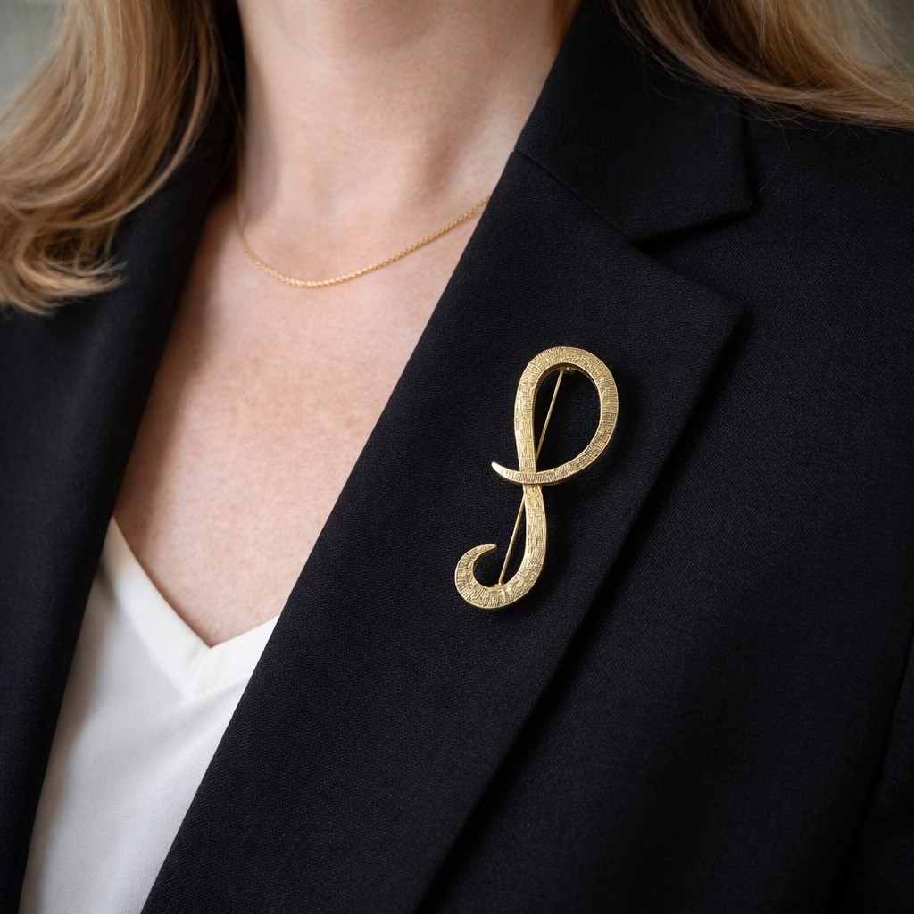 Vintage Monogram Allison Reed Gold Textured Script Letter P Initial Brooch Pin