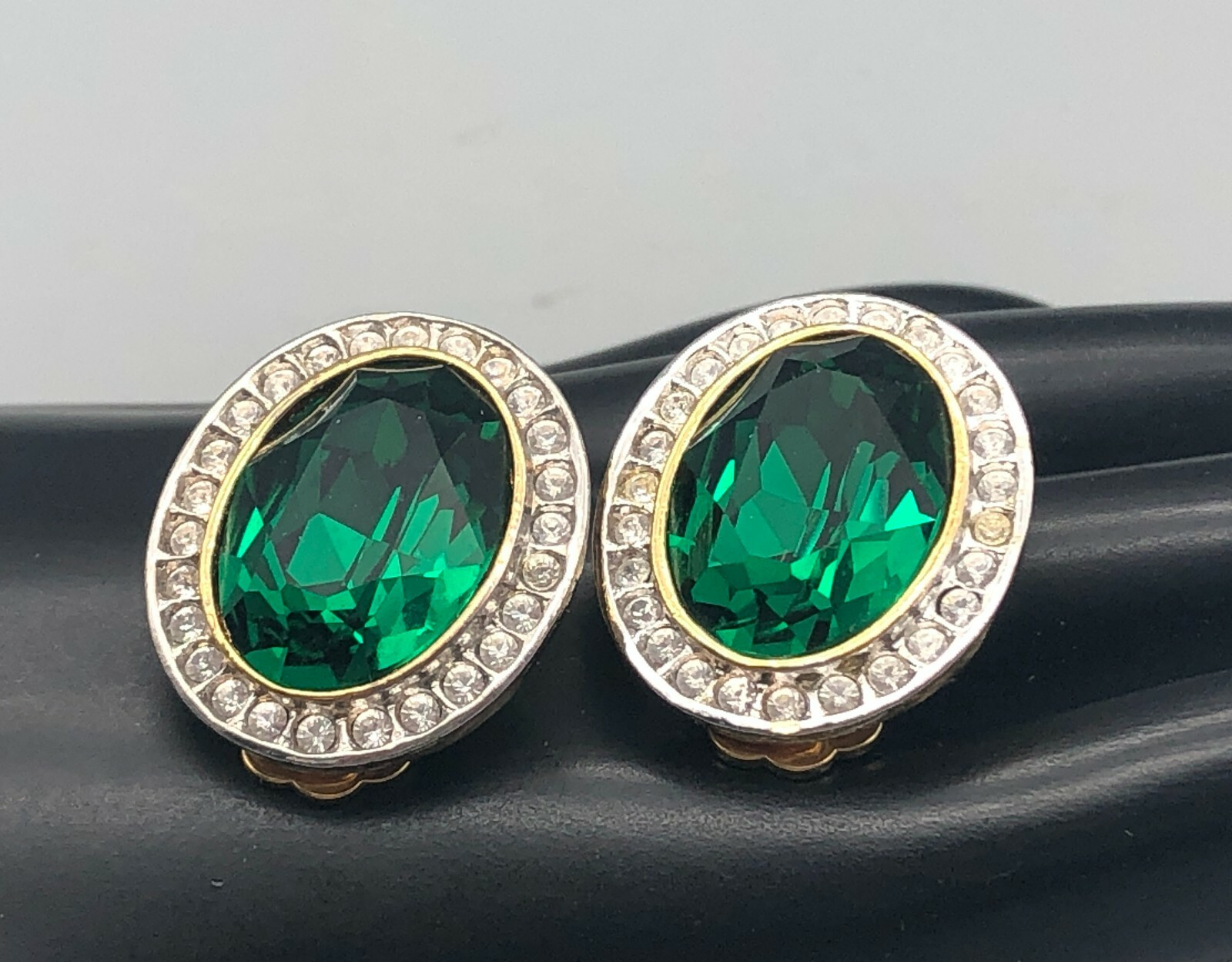 Vintage Real Look Large Emerald Green & Rhinestones Oval Chunky Earrings