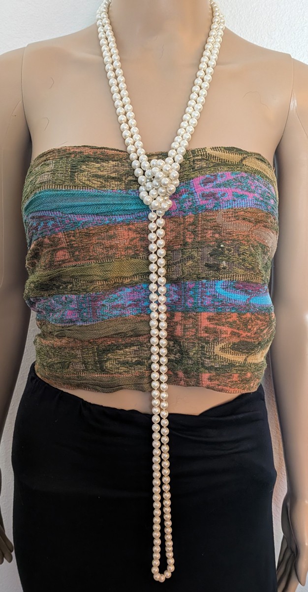 Vintage 94″ Knotted Glass Faux Pearl Rope Necklace Long Wrap Layered 1980s