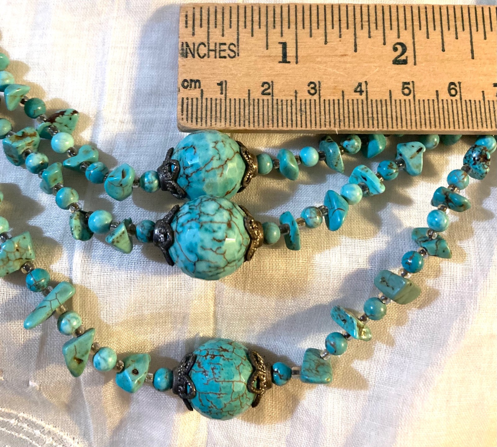 Layered Necklace Silver Tone Glass & Natural Howlite Stone Beads Vtg Multistrand