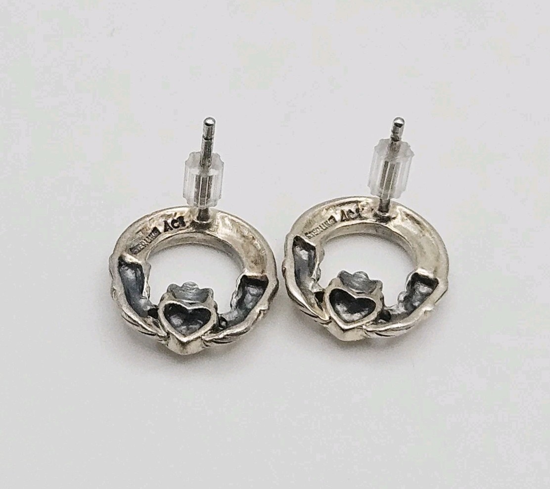 AC Irish Sterling Silver Vintage Marcasite Claddagh Post Back Earrings .5″