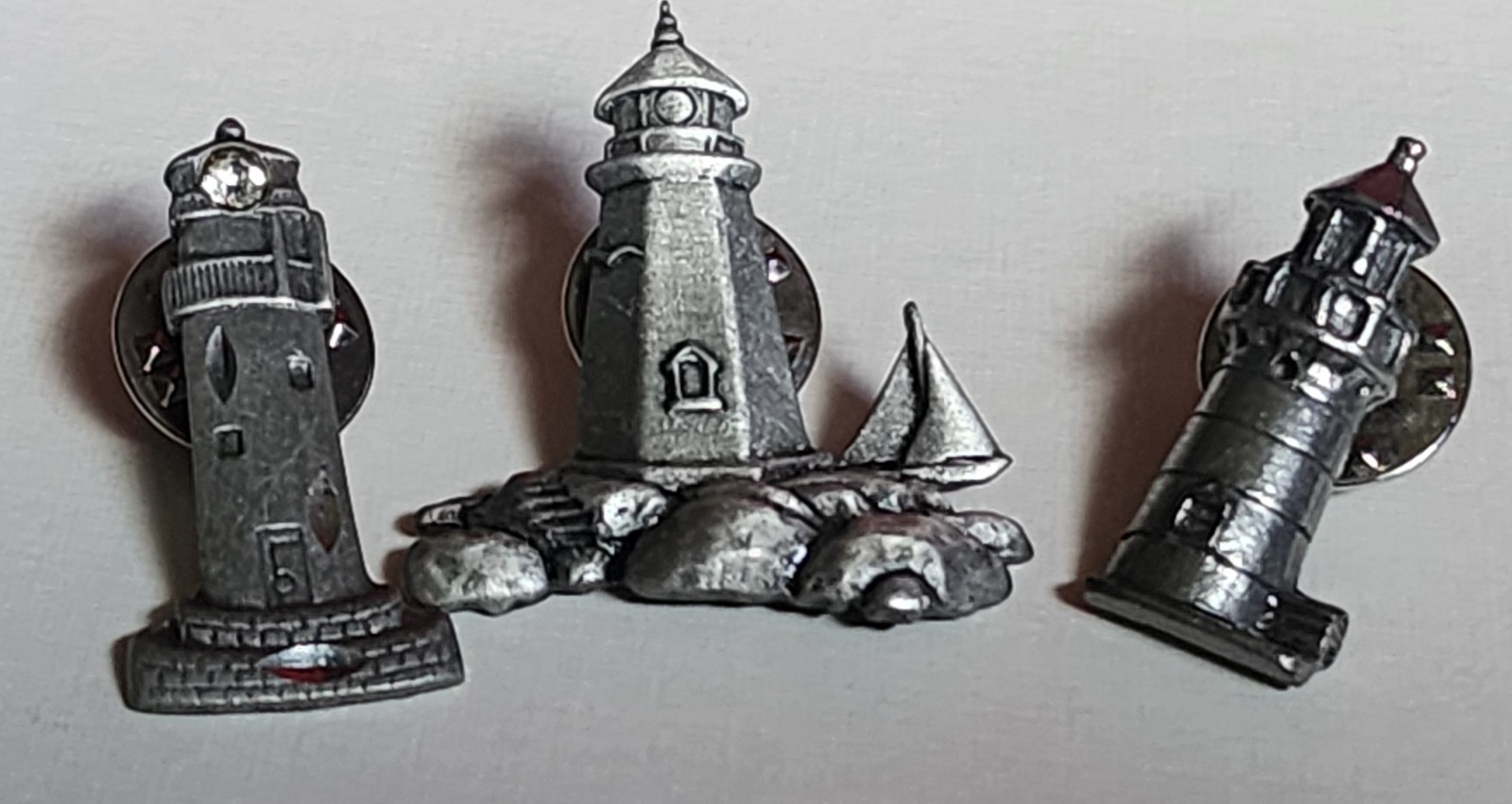 Lot Of 3 Vtg Pewter LIGHTHOUSE PINS RHINESTONE 80s 90s Jonette Jewelry Jim Clift