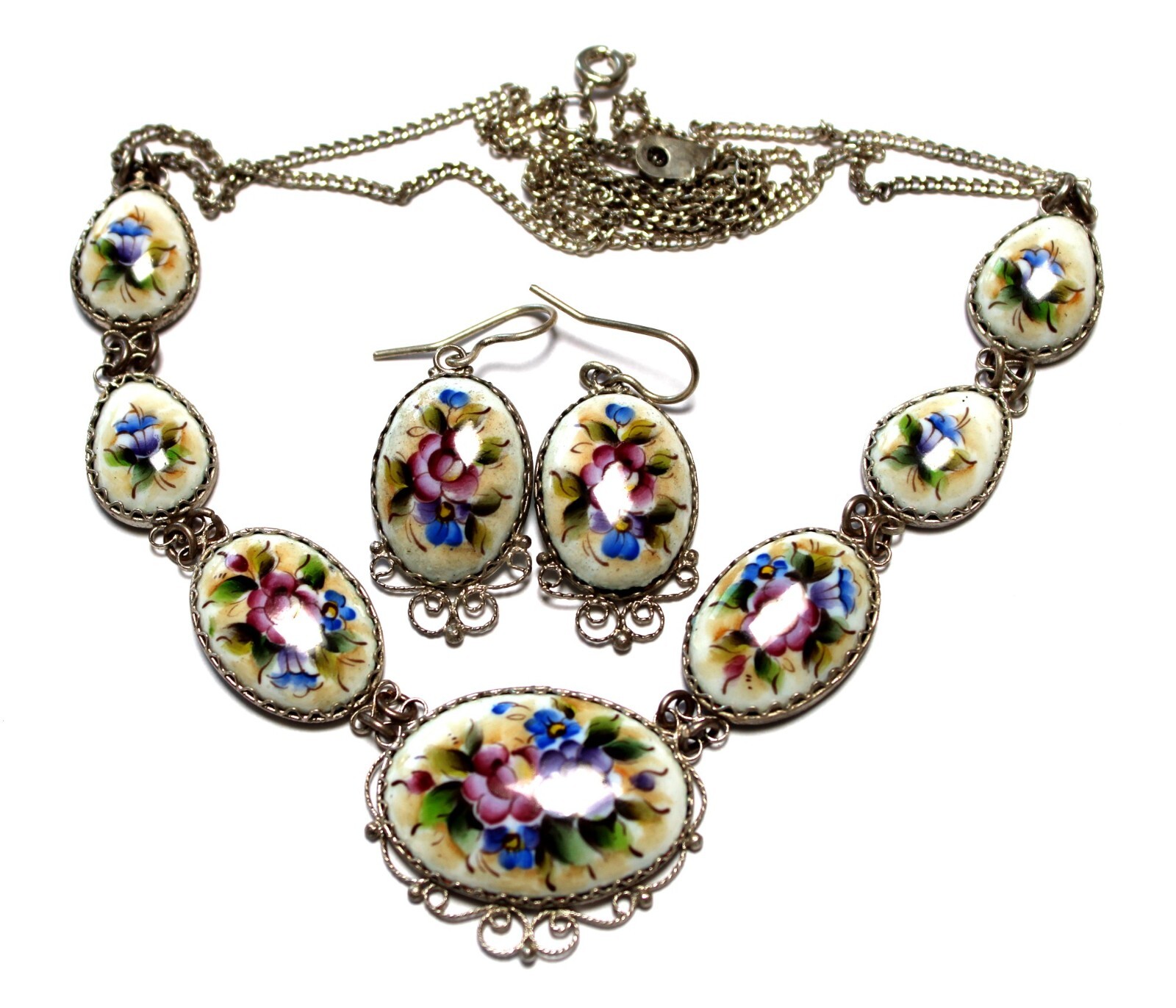 Vintage Unique Russian Enamel Hand Painted Jewelry Set Earrings & Necklace #27a