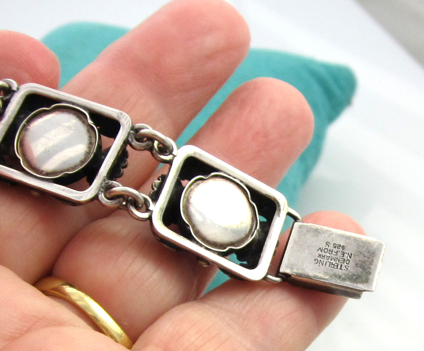 Estate Vintage Sterling Silver Blue Cabachon NIELS ERIK DENMARK Flower Bracelet