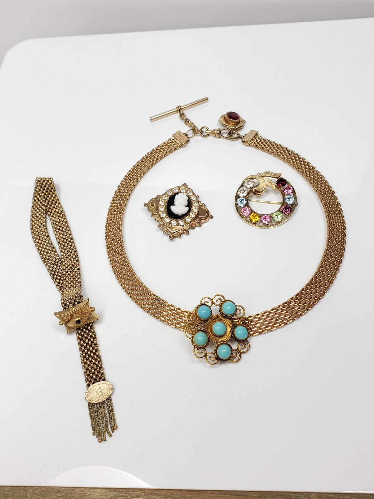 Antique Victorian Gold Filled Choker Watch Mesh Chain Necklace Bracelet Pin Lot