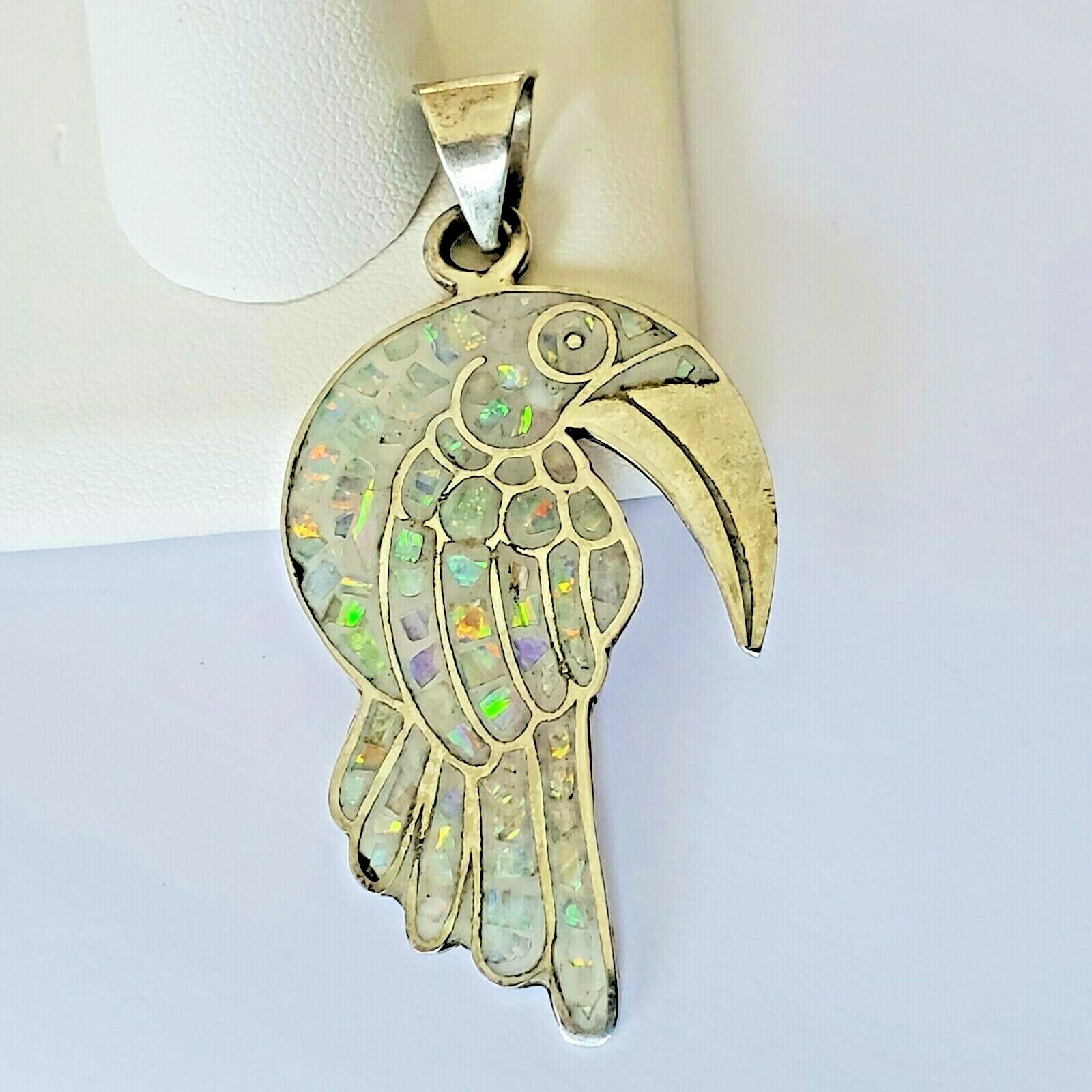 Vintage 925 Sterling Silver Iridescent Faux Opal Chip Inlay Toucan Large Pendant