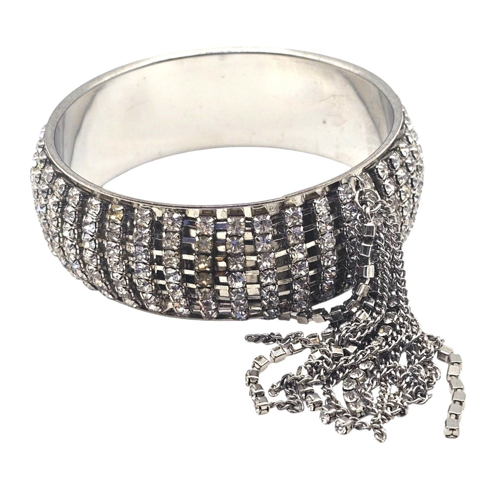 Rhinestone Tassel Chunky Statement Bangle Bracelet Glam Wedding Bridal