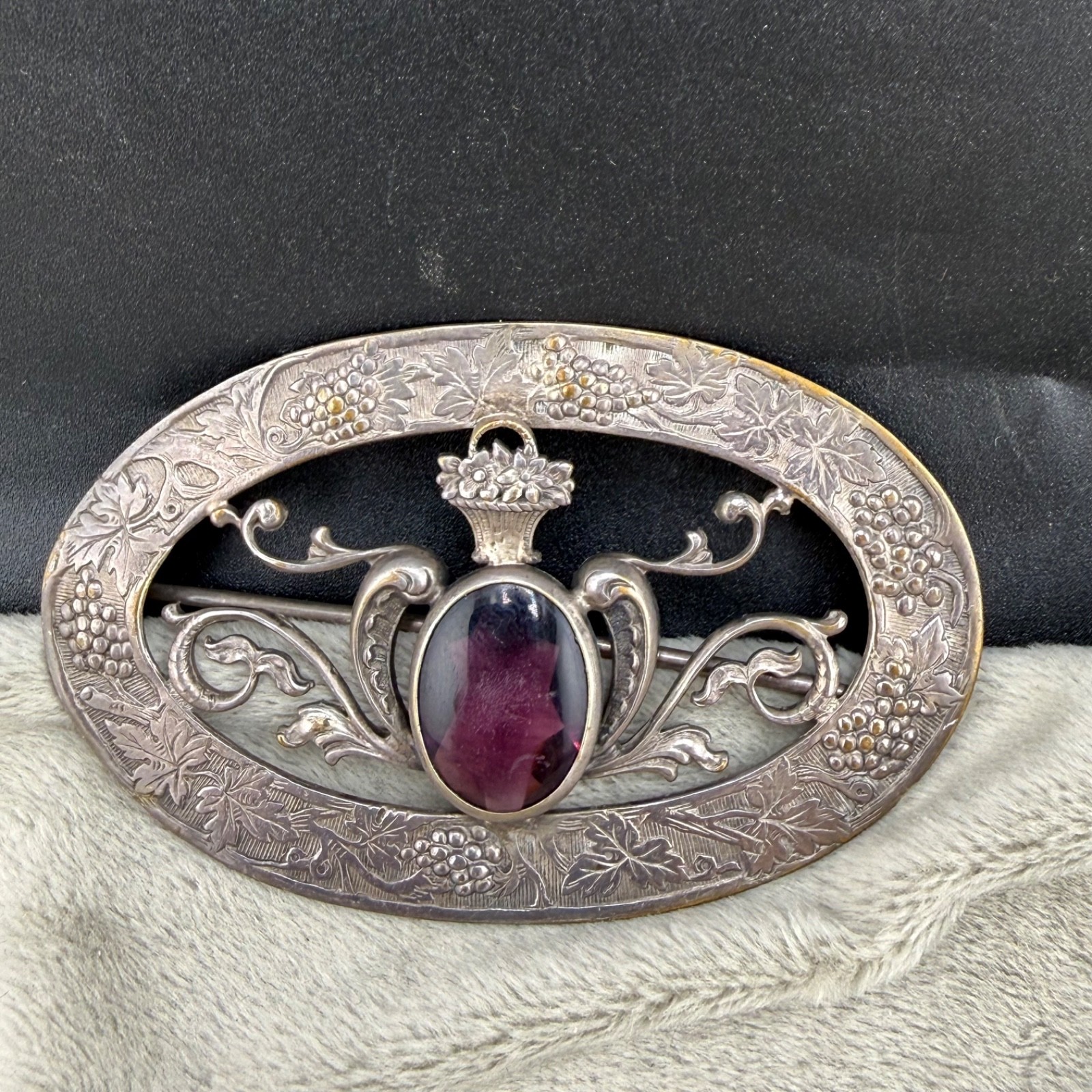 Vintage Sash Pin Brooch Grapes Flower Basket Purple Rhinestone