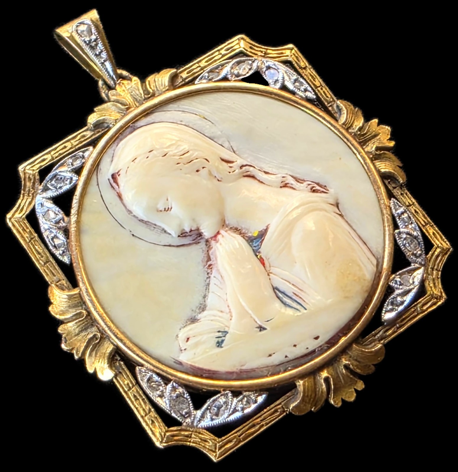 Antique Virgin Mary Medal Pendant 18k Gold Rose Cut Diamonds Catholic Art Deco