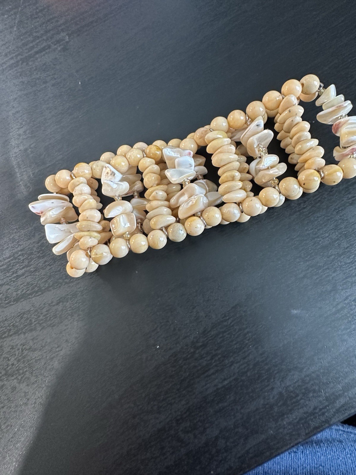Vintage Tan Stone And White Beaded Layered Stretch Bracelet