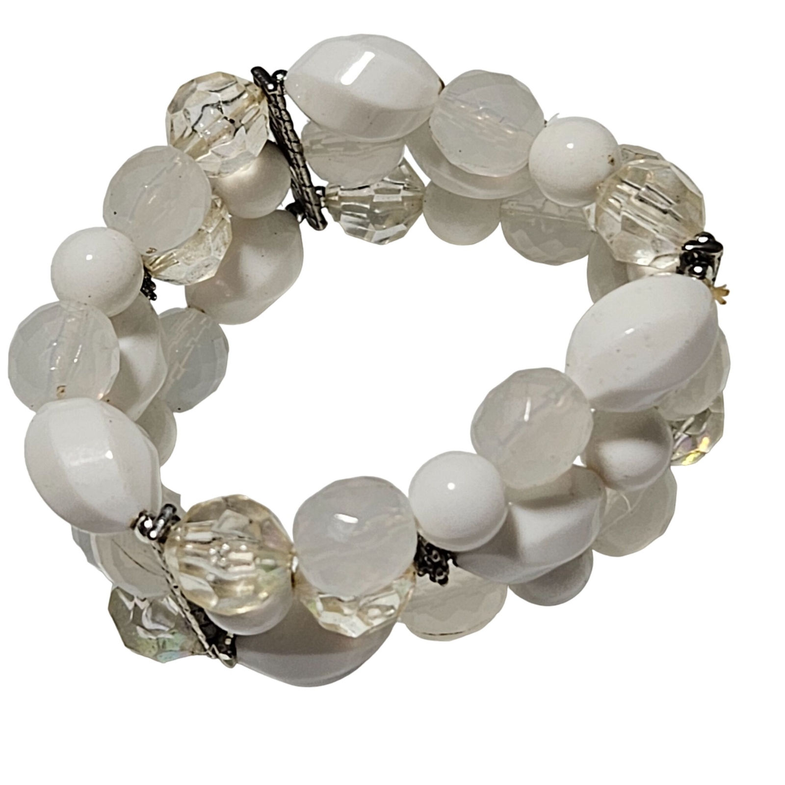 Vintage Beaded Stacked Stretch Bracelet White Clear Beads Retro Fashion Jewelry
