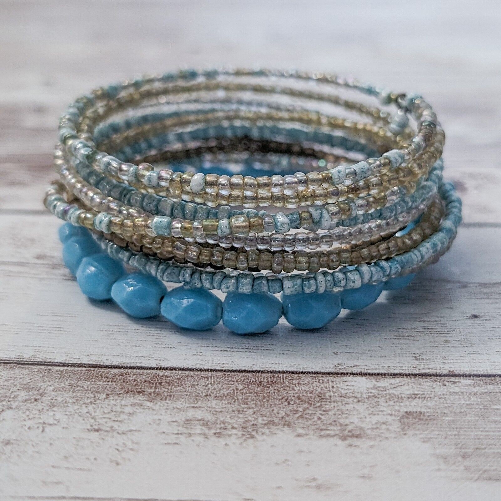 Vintage Wrap Bracelet / Bangle – Beaded Light Blue & Bronze Tones