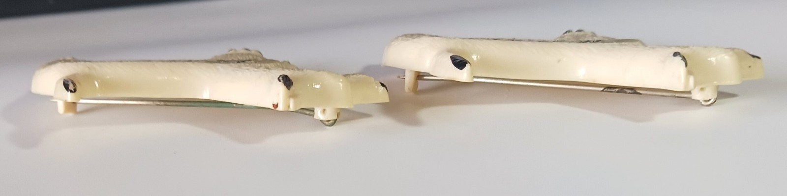 Pair of Vintage Off-White Celluloid Westie Dog Brooches: Frances & Martha