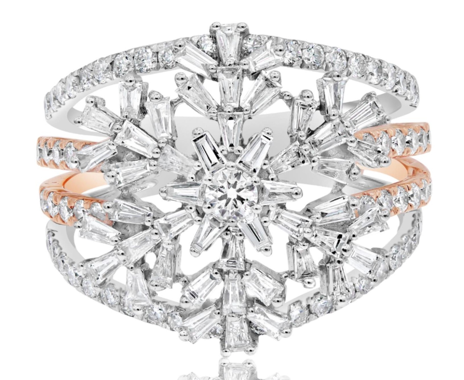LARGE 1.53CT DIAMOND 14KT WHITE GOLD ROUND & BAGUETTE FLOWER STAR SNOWFLAKE RING