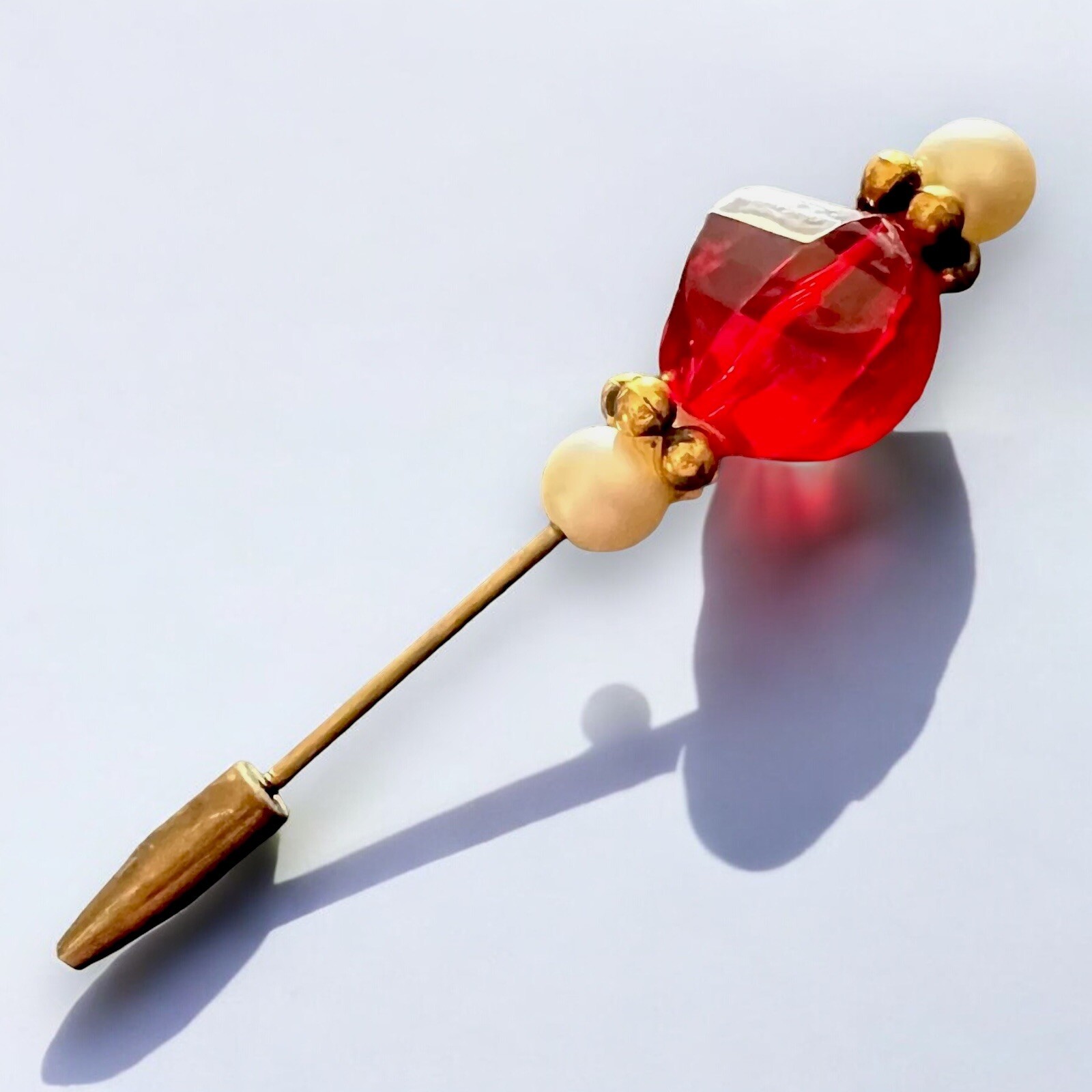 Red Lucite Hat Pin Gold Tone Pearl Art Deco Hat Accessory Vintage Screw Base