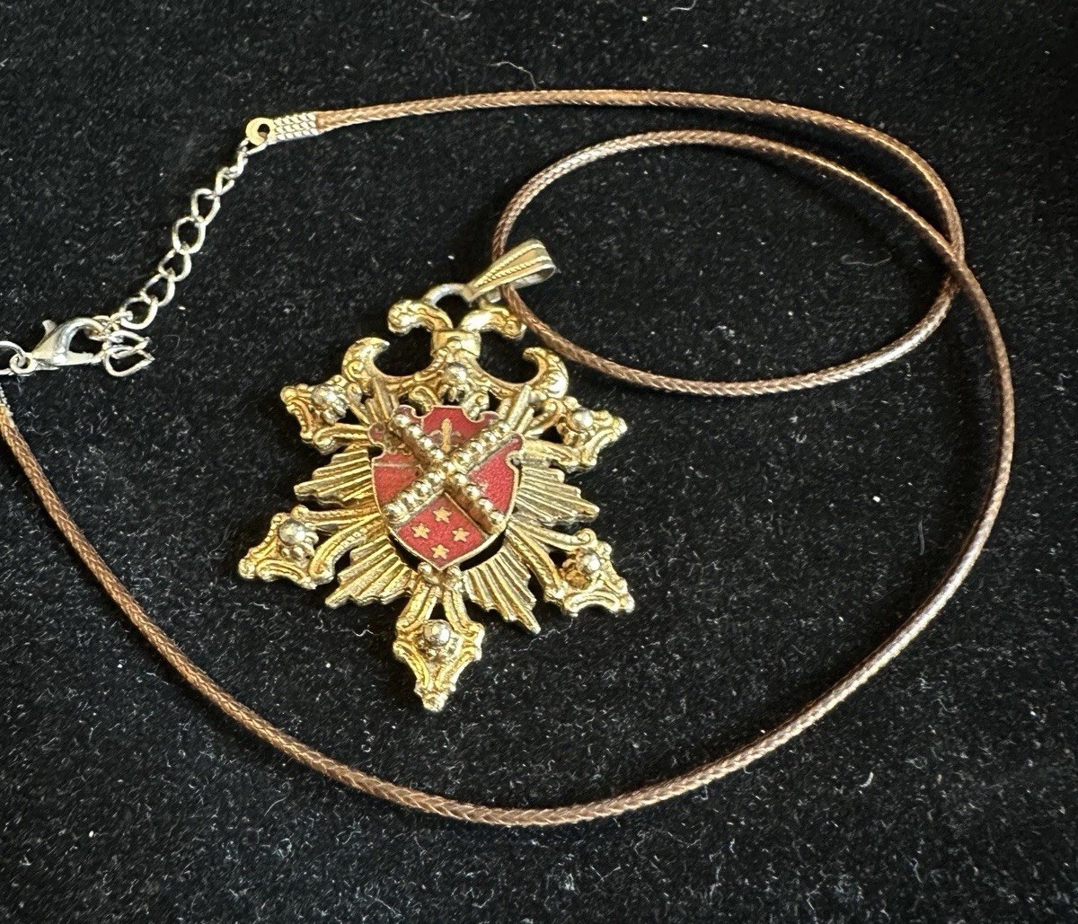 Vintage Coat Of Arms Pendant On A Brown Modern Cord Necklace Gold Tone With Red