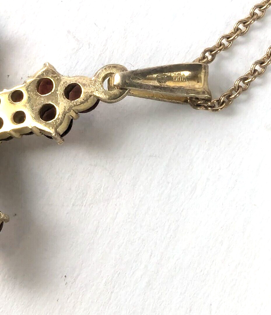 Lg Czech Bohemian Garnet Cross 900 Gilded Silver Pendant on 24″ GF 12K Chain
