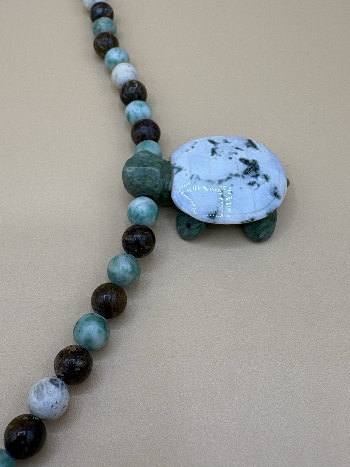 Assorted Color Stone Bead Necklace with 5 Carved Turtle Pendants