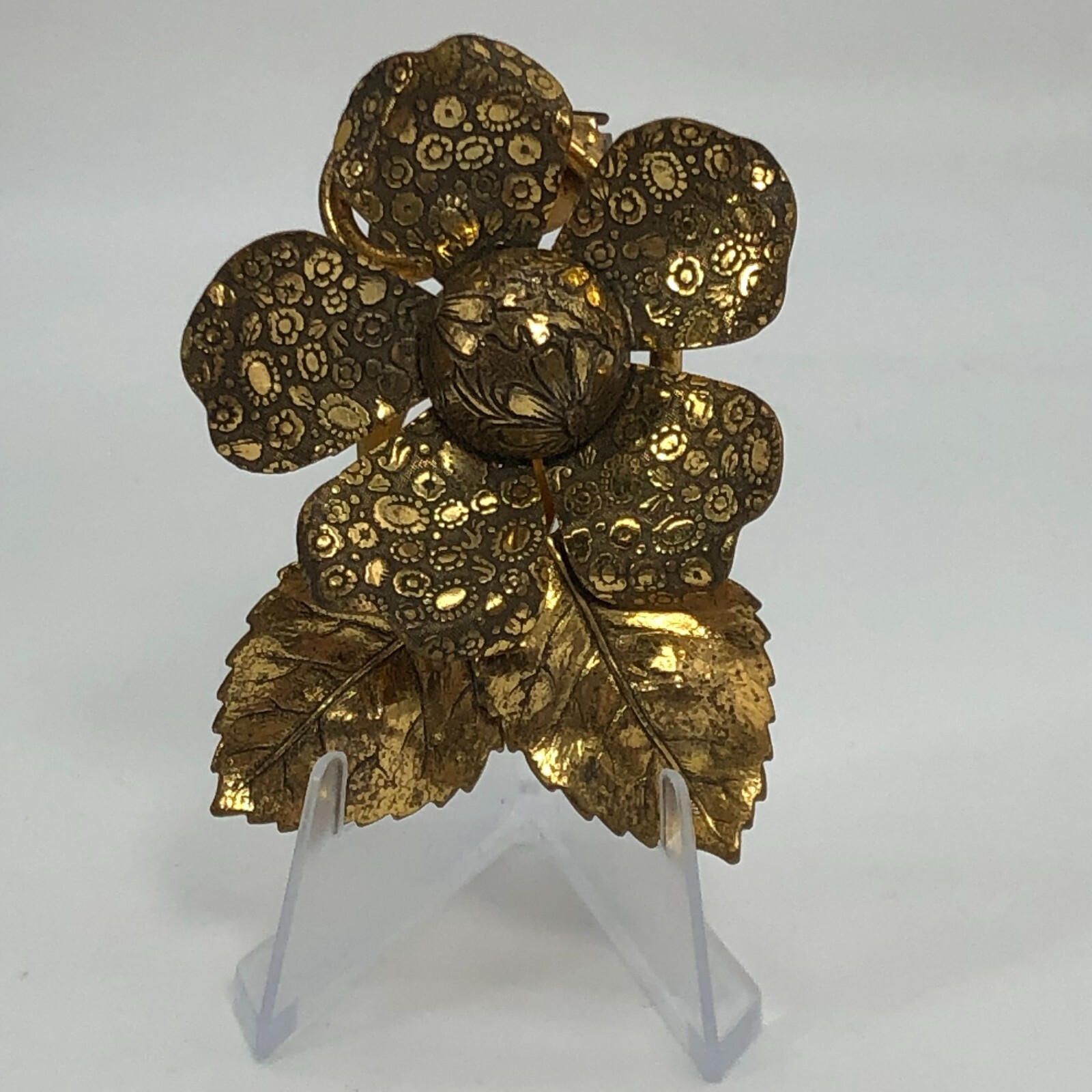 Vintage Flower & Leaves Dress Clip Brooch Gold Tone 1940s Estate Find