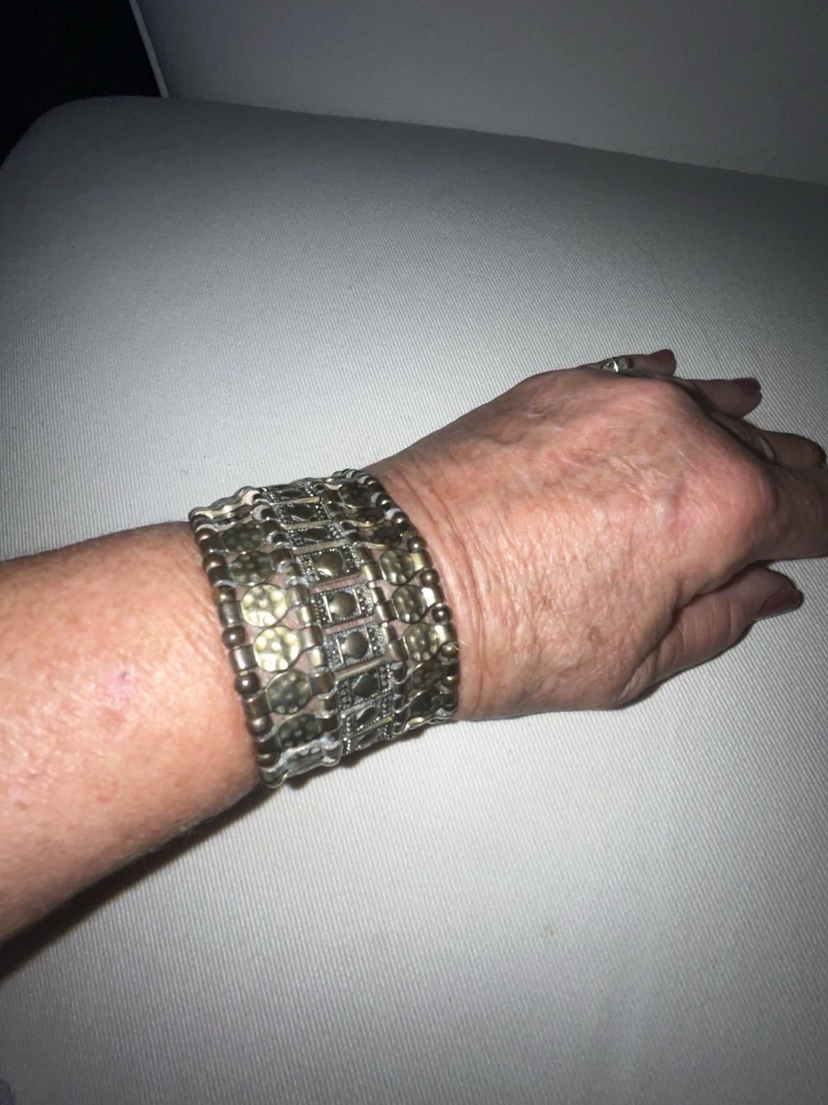 Vtg Brass Metal Ornate Beaded Stretch Cuff Bracelet 1.5” W One Size 6-8” Wrist