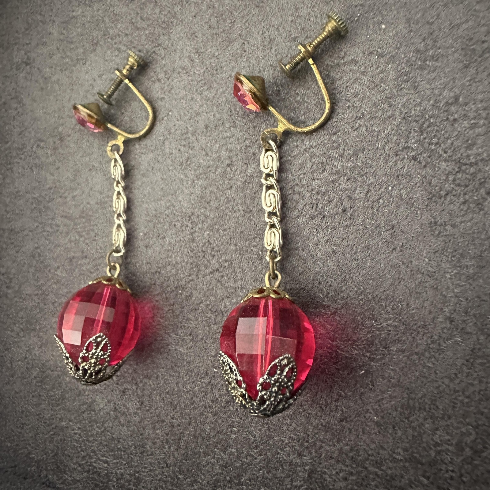 Vintage Ruby Red Pink Crystal Dangle Earrings AB Rhinestone Screw Back Gold Tone