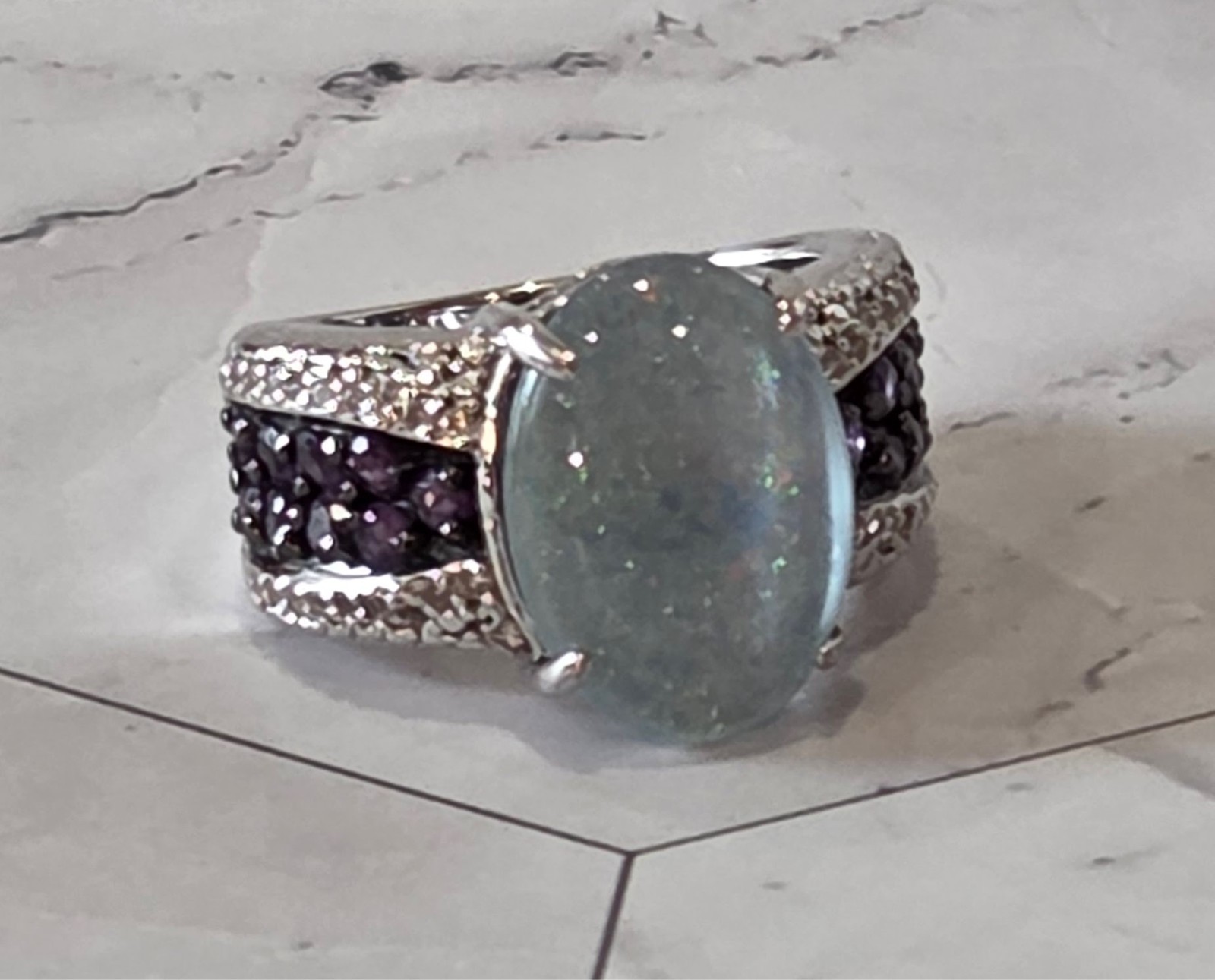 VINTAGE 925 Silver signed JZ Oval Aquamarine & Amethyst Accent Ring sz 5
