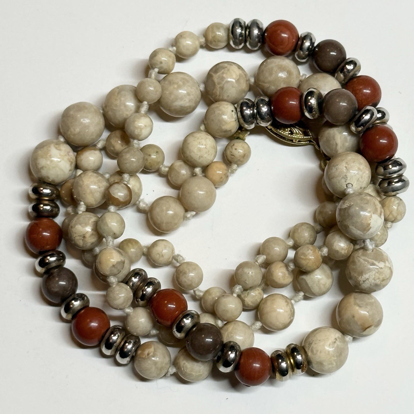 Vintage Hand Knotted Beaded Necklace Graduated Stone Beads 32″ Long Earthtone