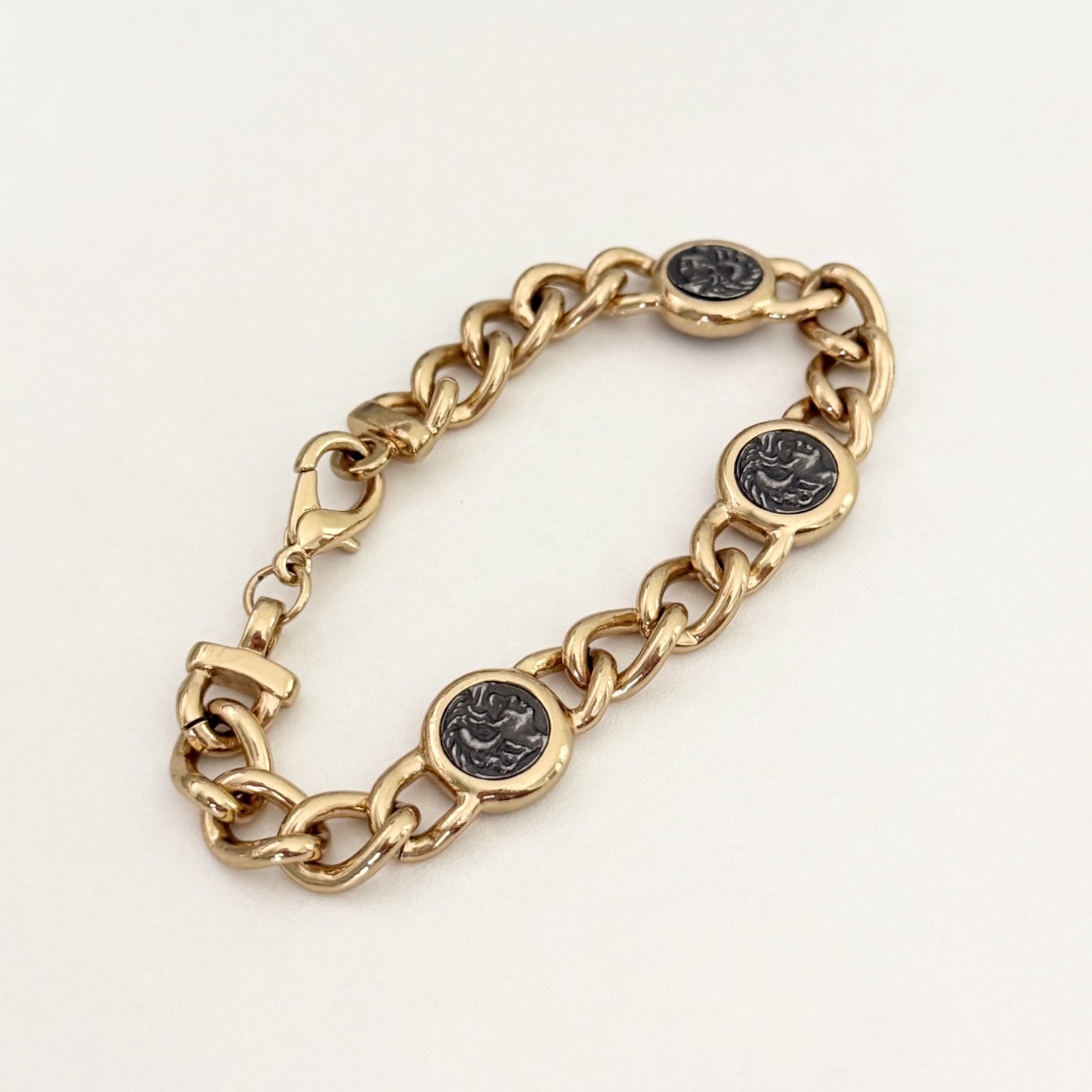 Vintage Gold Tone Silver Roman Coin Chunky Curb Chain Link Bracelet 7.5″