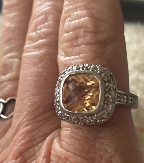 VTG Cushion Cut Citrine Halo Set W/ Rhinestones Silver Ring Size 8 Beauty