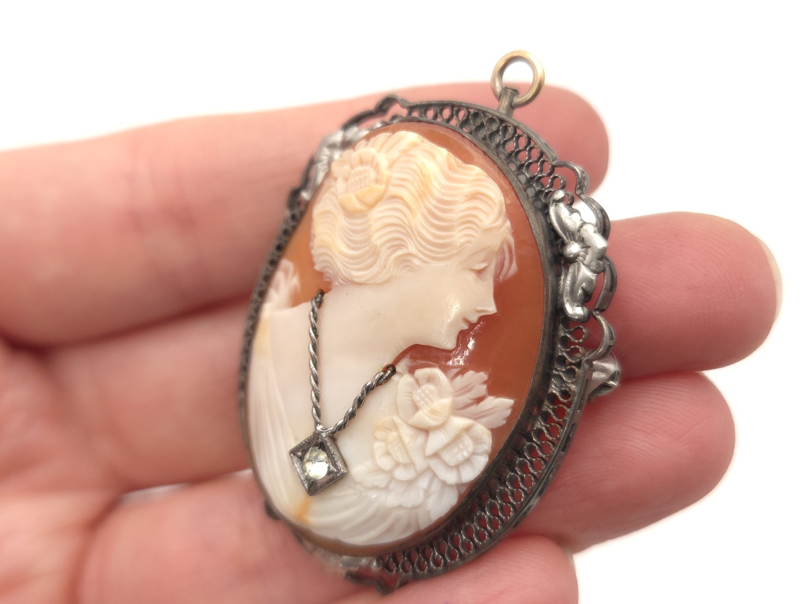 Art Deco Sterling Silver Carved Shell Habille Cameo Paste Stone Brooch Pendant