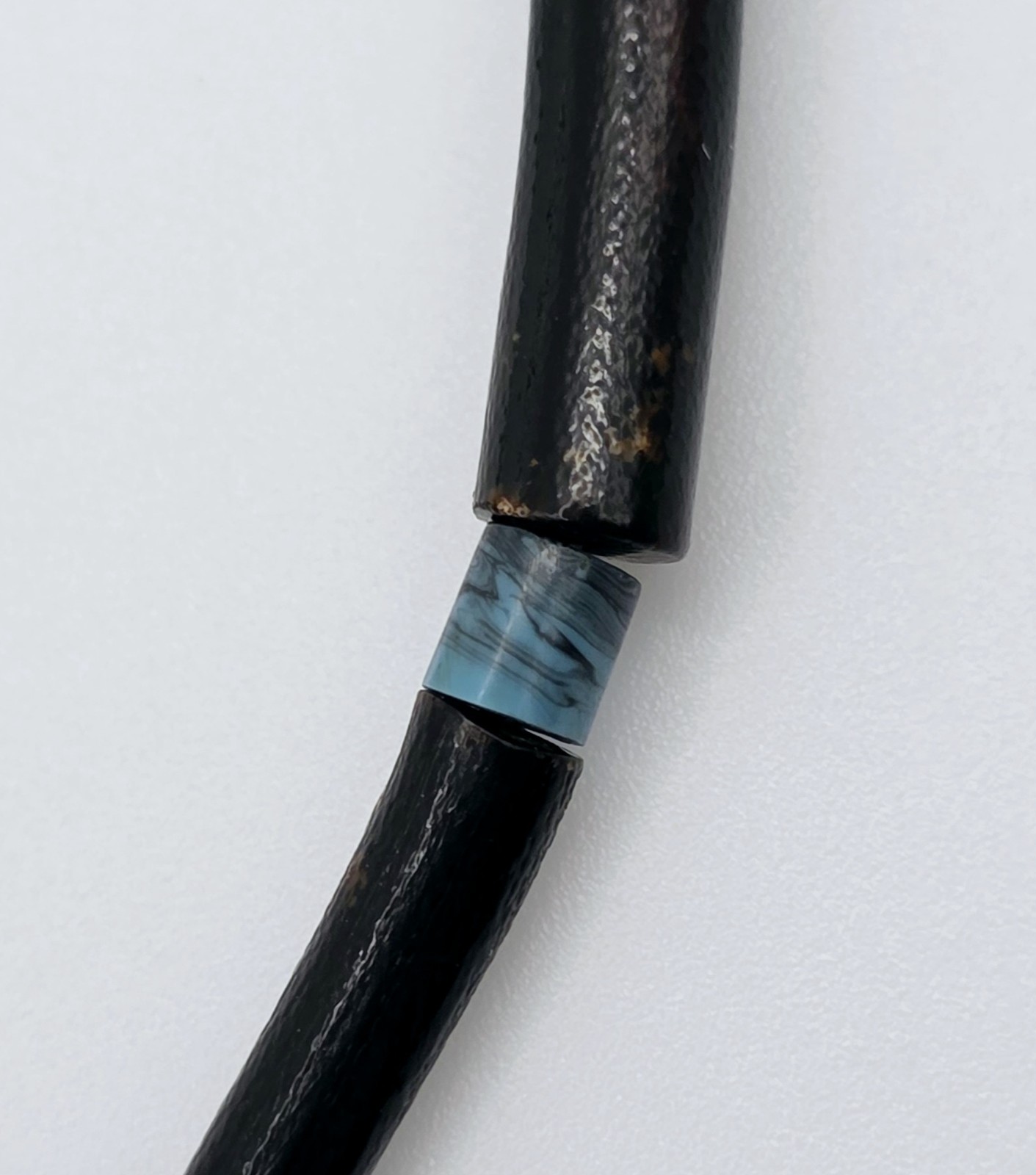 Vintage Black Coral Tube Bead Necklace 17.5″ Blue Glass Spacers Brass Clasp