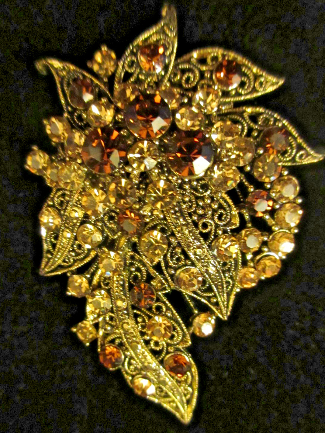 Vtg Gold Tone Cannetille Amber Orange Cream Rhinestone Brooch Pin Pendant