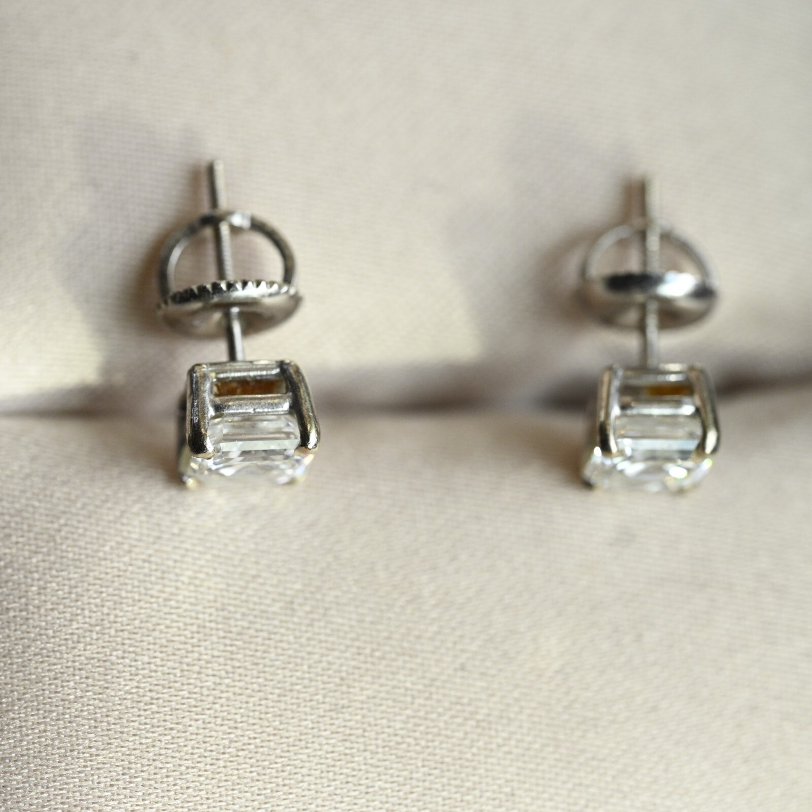 1.52 CTW Diamond Earrings Asscher VS1 E-F Excellent Cut 14k White Screw Stud