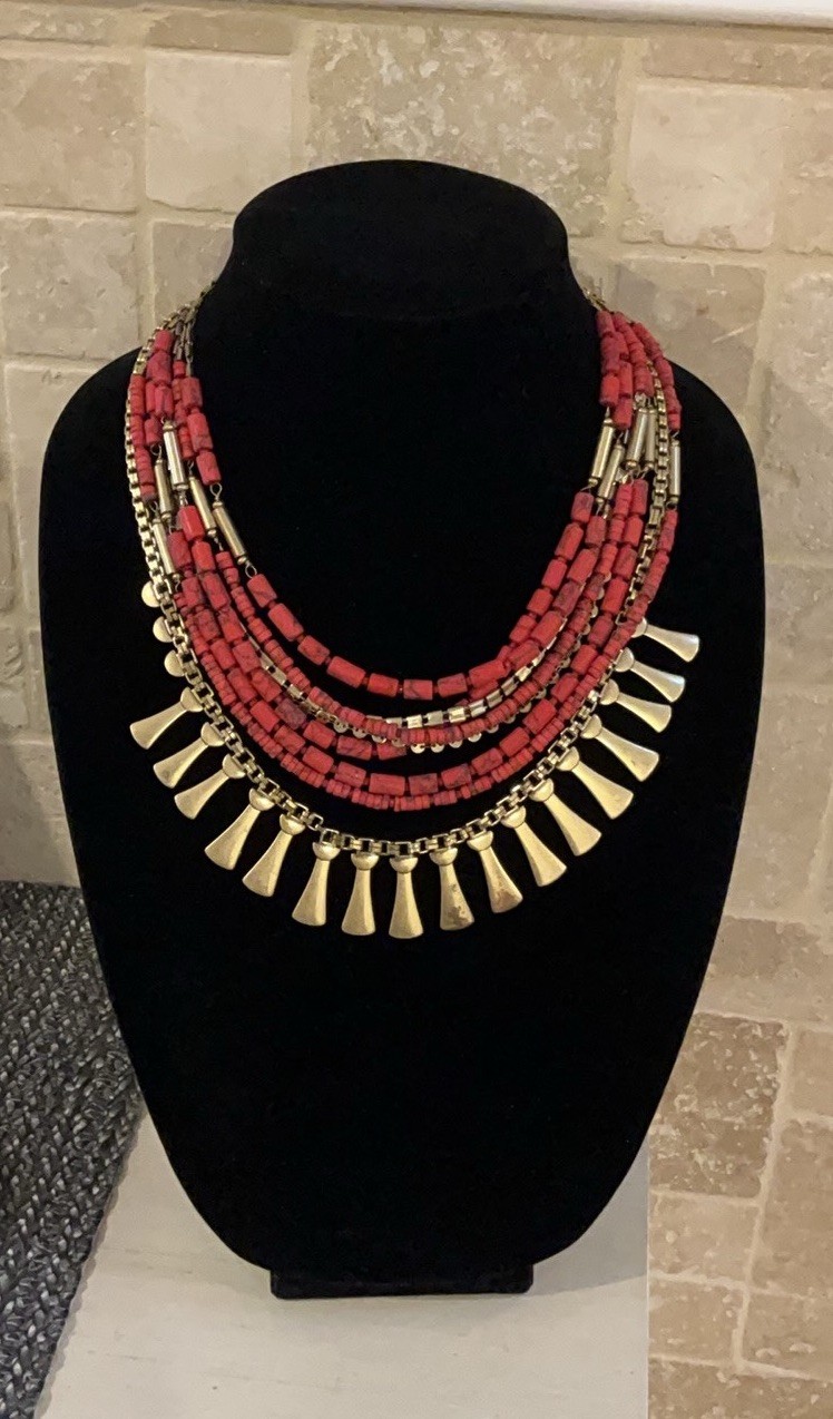 Stella & Dot Bliss Convertible Red, Antique Gold Tone Statement Necklace- GUC!