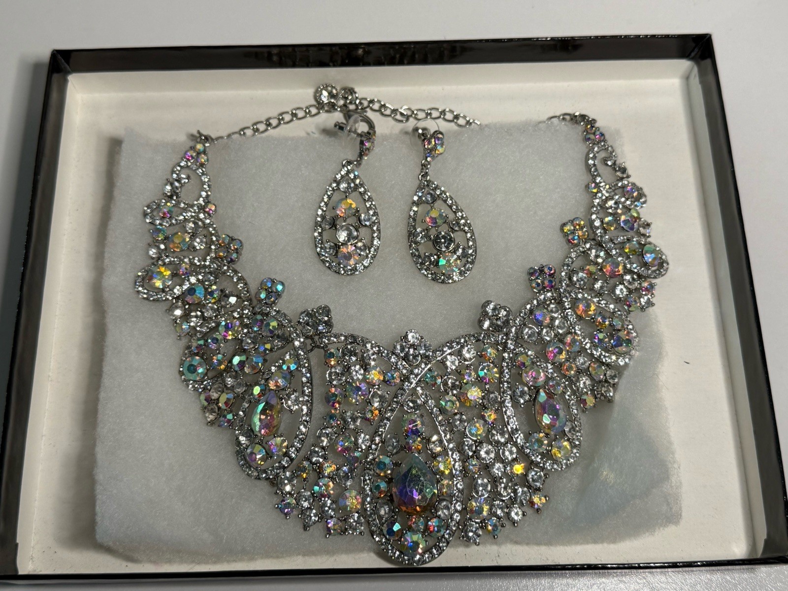 Aurora Borealis Rhinestone Necklace & Earrings Set – Silver-Tone Statement
