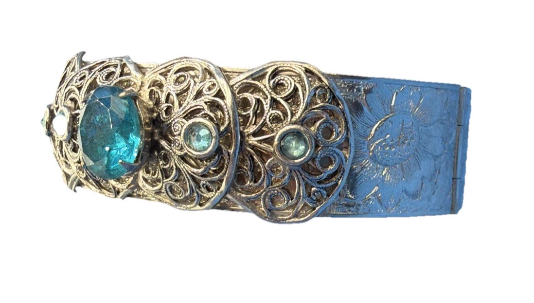 Vintage Art Deco Filigree Cuff Bracelet Silver Tone Blue Stones Openwork