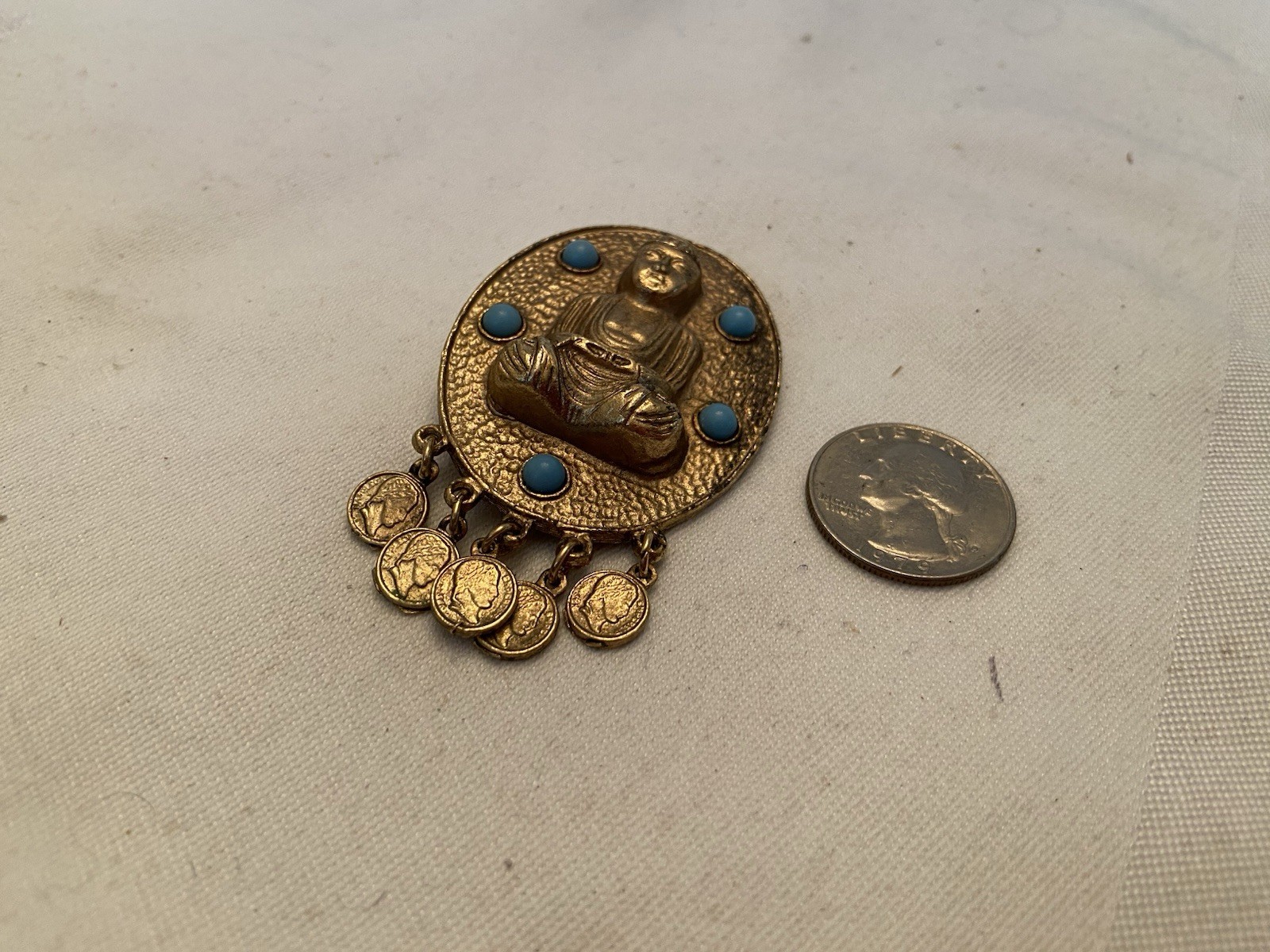 Vintage ZENTALL? Estate BUDDHA Goldtone Brooch w/Dangling Coins & Turquoise