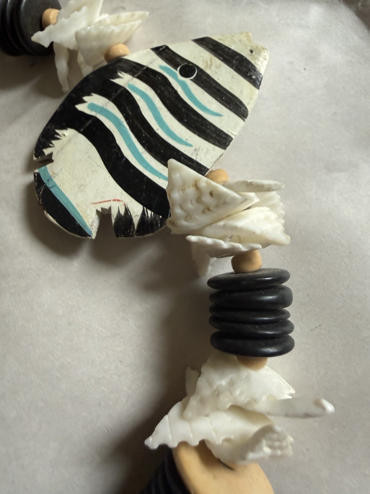 Vintage Wood Bead Tropical Fish Necklace Multi Strand & Color Hand Carved Paint