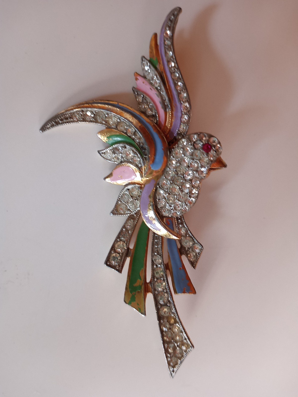 Vtg Coro? Clear Red Rhinestone Pink Blue Enameled Green Paradise Bird Brooch Pin